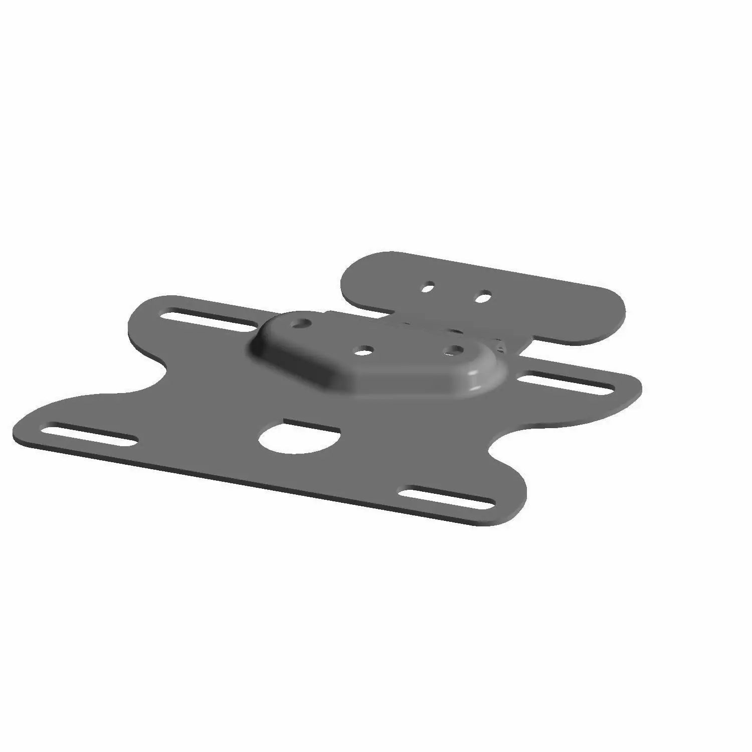 The Support-Plate, Center, Form, GBlack by Polaris is a gray metal mounting bracket with multiple holes and slots for screws, designed for attaching or supporting objects—ideal as OEM Indian motorcycle parts—shown on a white background.