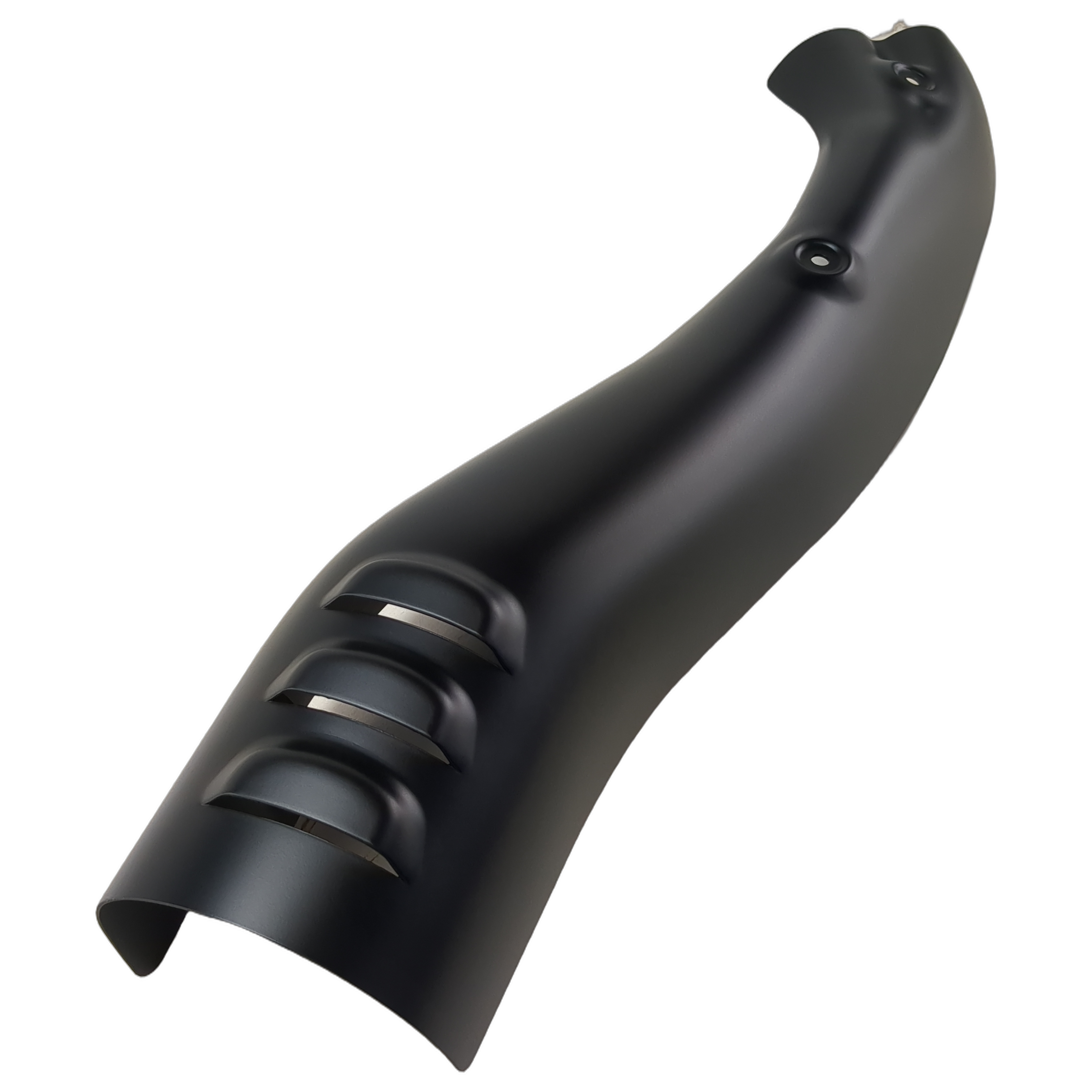Smooth matte black metal exhaust shield with curved shape and three vent slots.