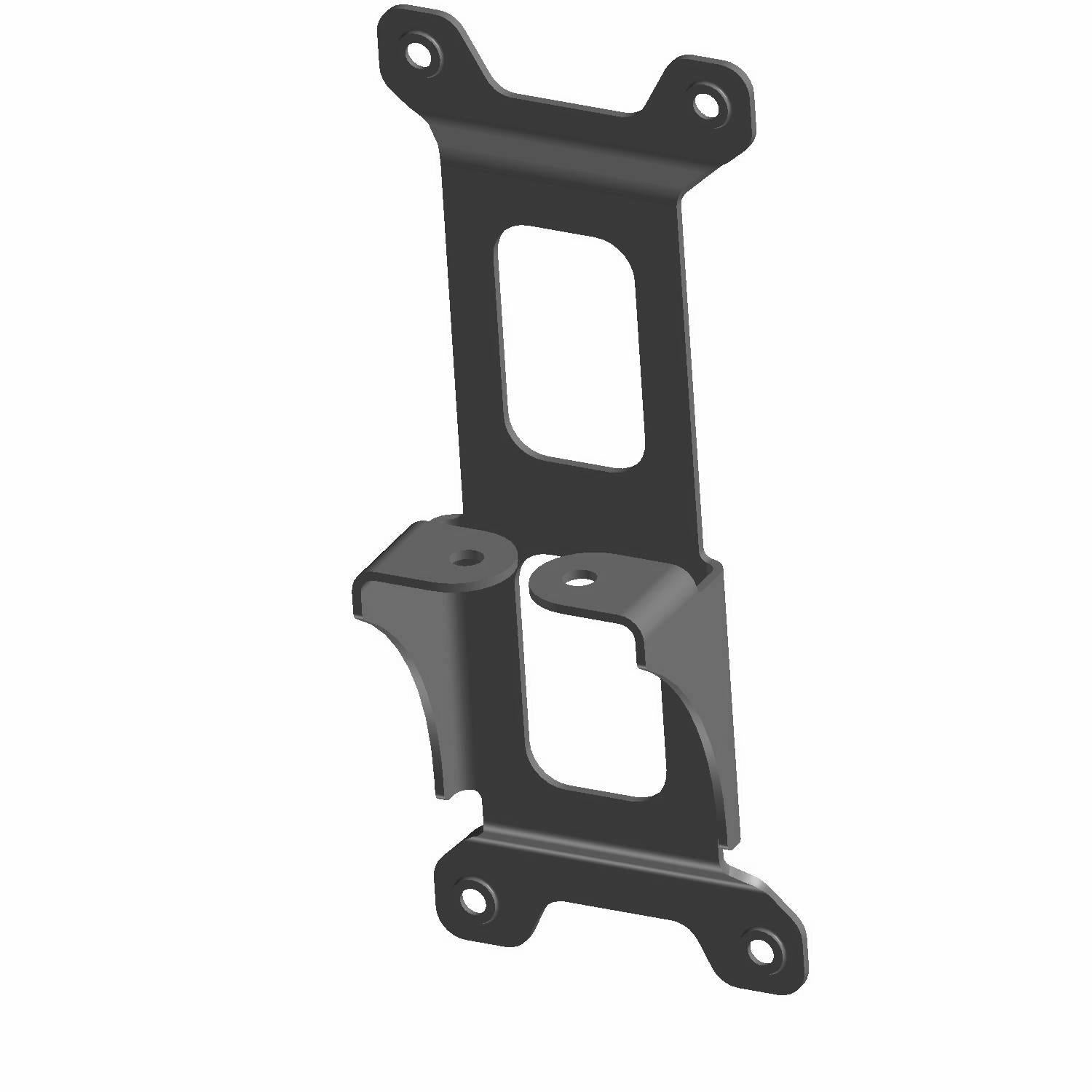 Black metal amp mount bracket with multiple mounting holes and rectangular cutouts.