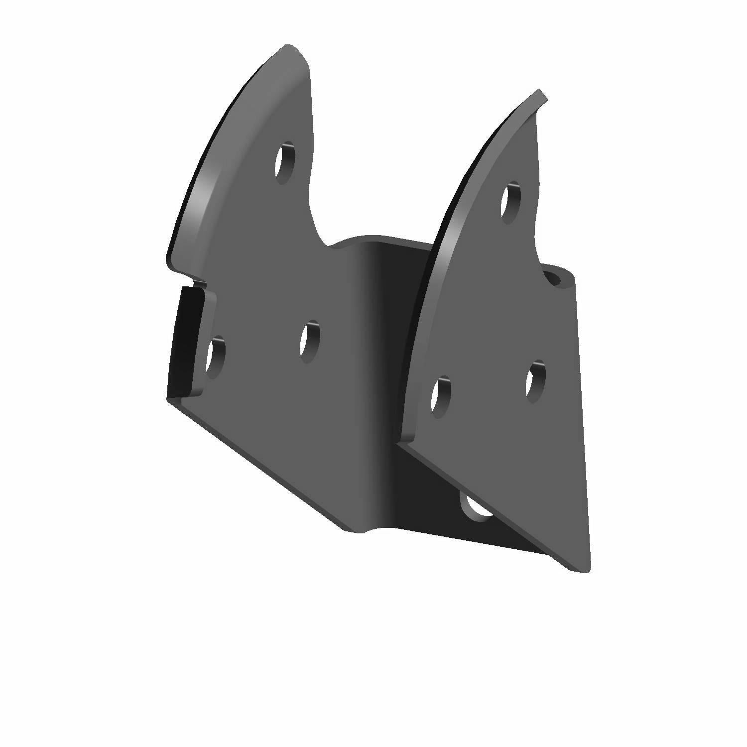 Black metal chassis hinge bracket with multiple mounting holes and angled design.