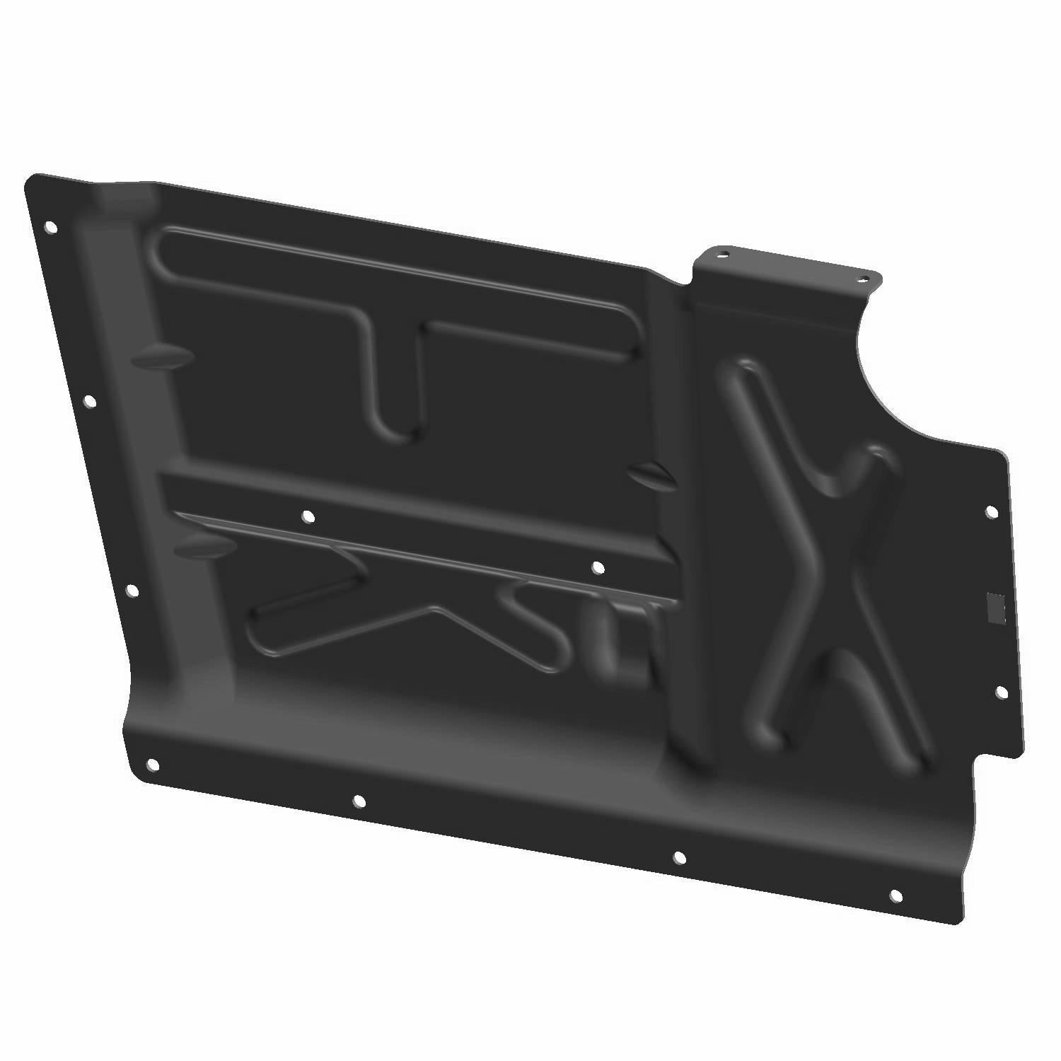 Matte black molded plastic cargo box shield with contoured ridges and mounting holes.