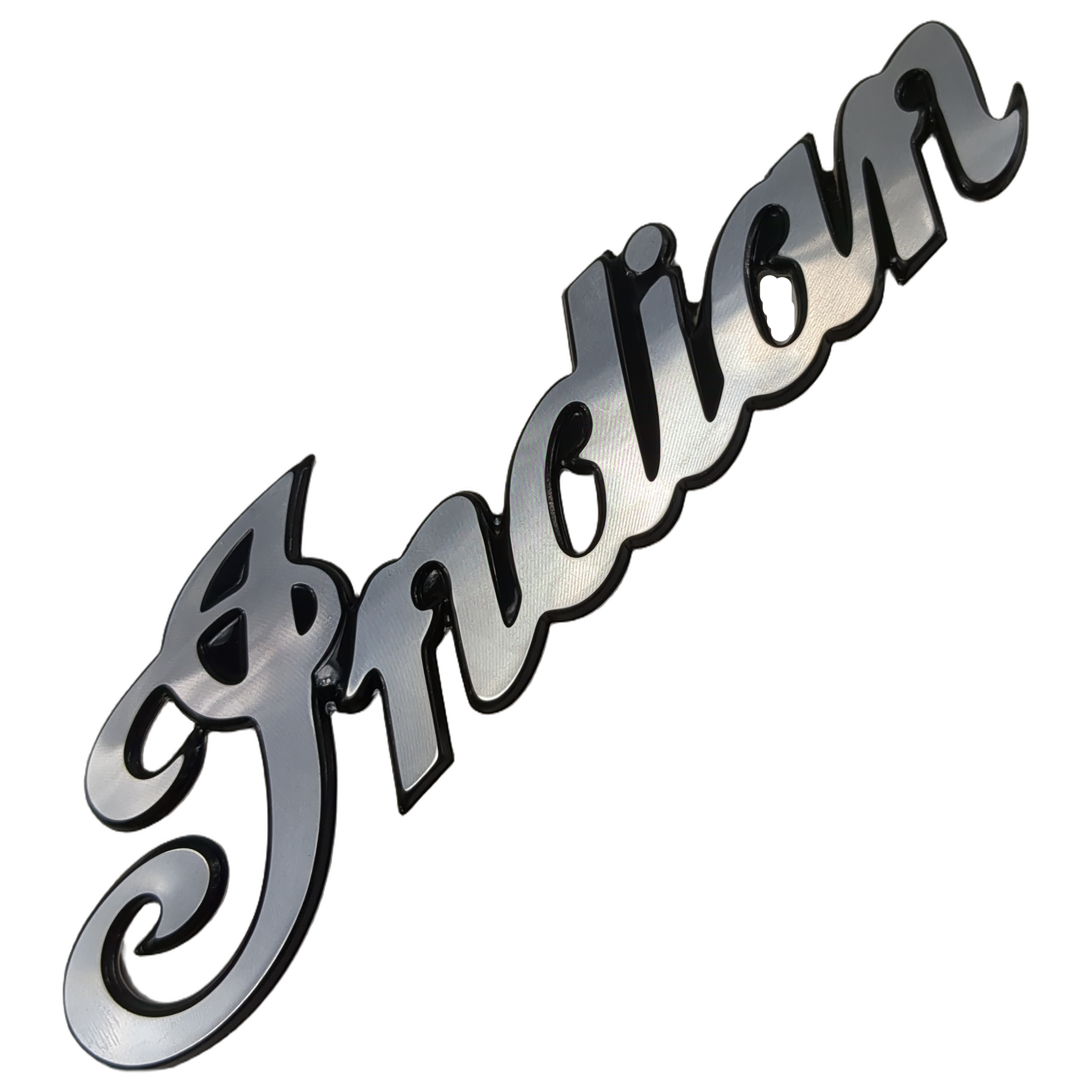 Glossy black chrome script badge spelling "Indian" with a smooth, flowing cursive style.