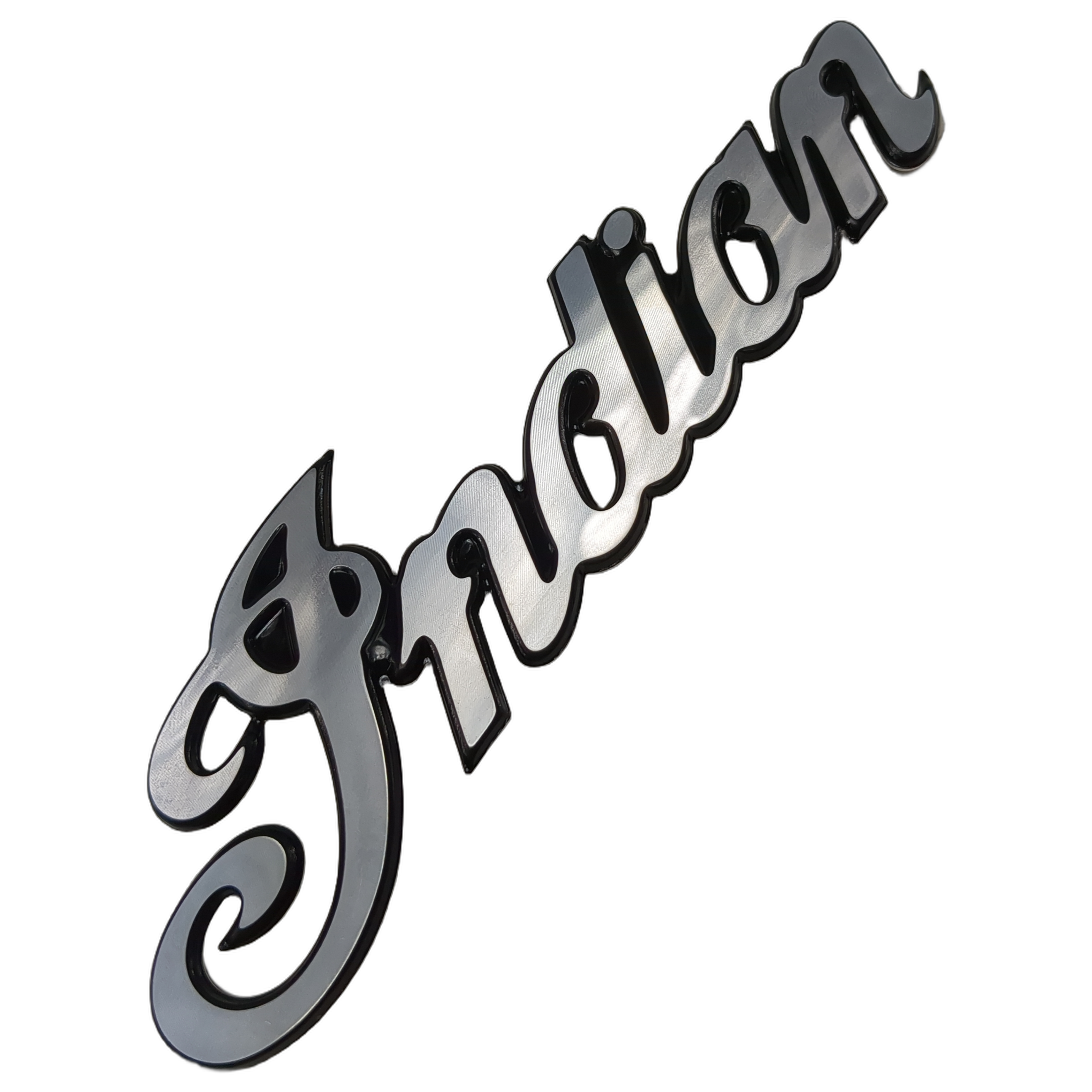 Black chrome script-style fuel tank badge spelling "Indian" with glossy, raised lettering.