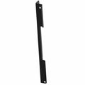 Black metal battery support bracket with mounting holes at both ends, slim rectangular shape.