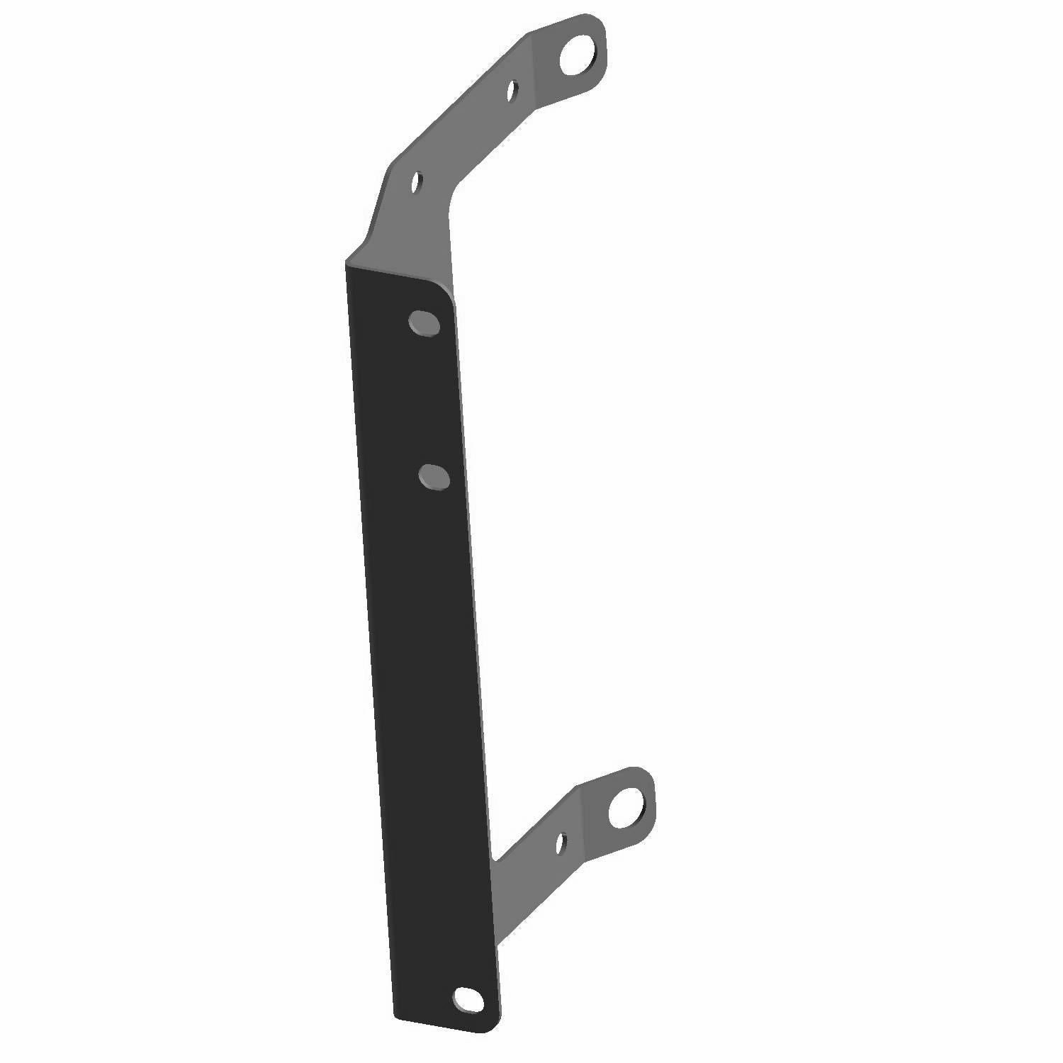 Black metal battery support bracket with angled mounting tabs and multiple bolt holes.