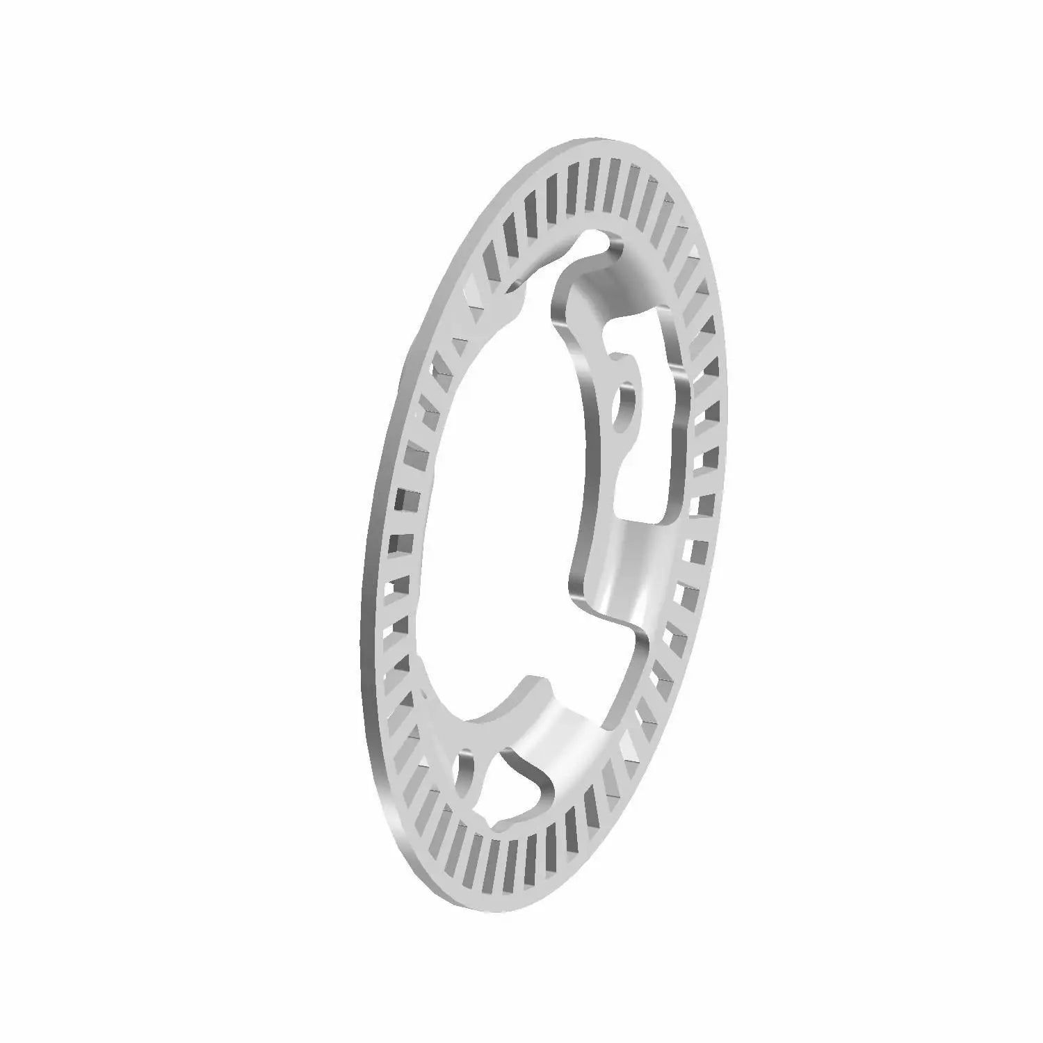 Silver metal ABS ring with evenly spaced rectangular cutouts and irregular inner shape for motorcycle wheel fitment.