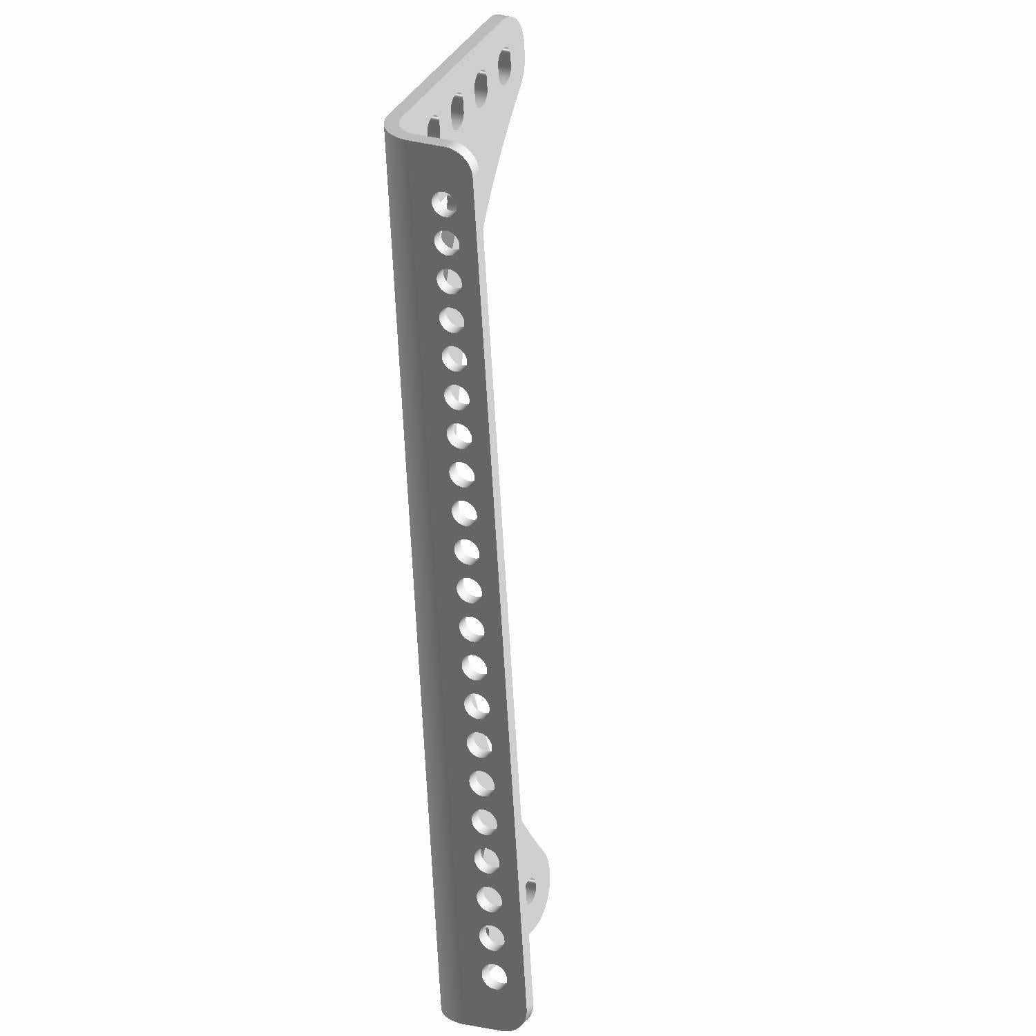 Matte black metal seat mount bracket with evenly spaced circular holes and angled mounting points.