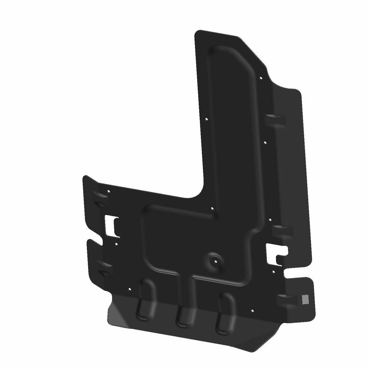 Black metal heat shield with angular design and multiple mounting holes for offroad vehicle protection.