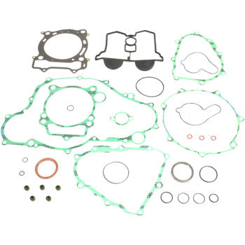 The Yamaha Complete Gasket Kit by Athena features high-temperature gaskets and O-rings in green, black, and copper, arranged on a white background, designed for use in engine or mechanical assembly.