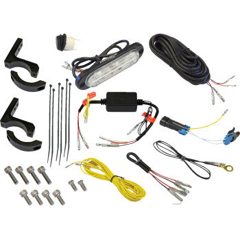 The Polaris Reverse Light Kit by Powermadd includes a programmable unit, light bar, mounting brackets, screws, zip ties, electrical wires, and connectors—shown arranged on a white background.