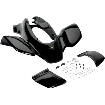 The Front Fender Black by Maier features glossy, high-density polyethylene panels and various small mounting hardware pieces, all displayed on a white background.