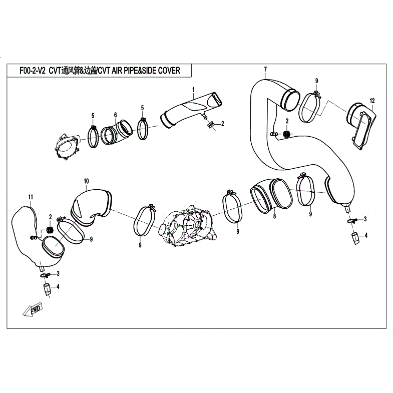 An Image of a Genuine CFMOTO Parts Schematic Diagram showing the schematic - CVT AIR PIPE&SIDE COVER - 2018 CFMOTO ZFORCE 800 Trail