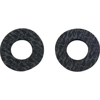 Two gray Grip Donutz by Renthal, featuring textured surfaces and round openings, are shown side by side on a white background, providing a factory look and preventing blisters during use.