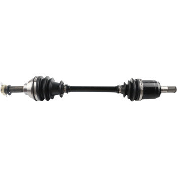 Black metal CV axle with rubber protective boots on both ends and splined shafts for ATV drivetrain replacement.