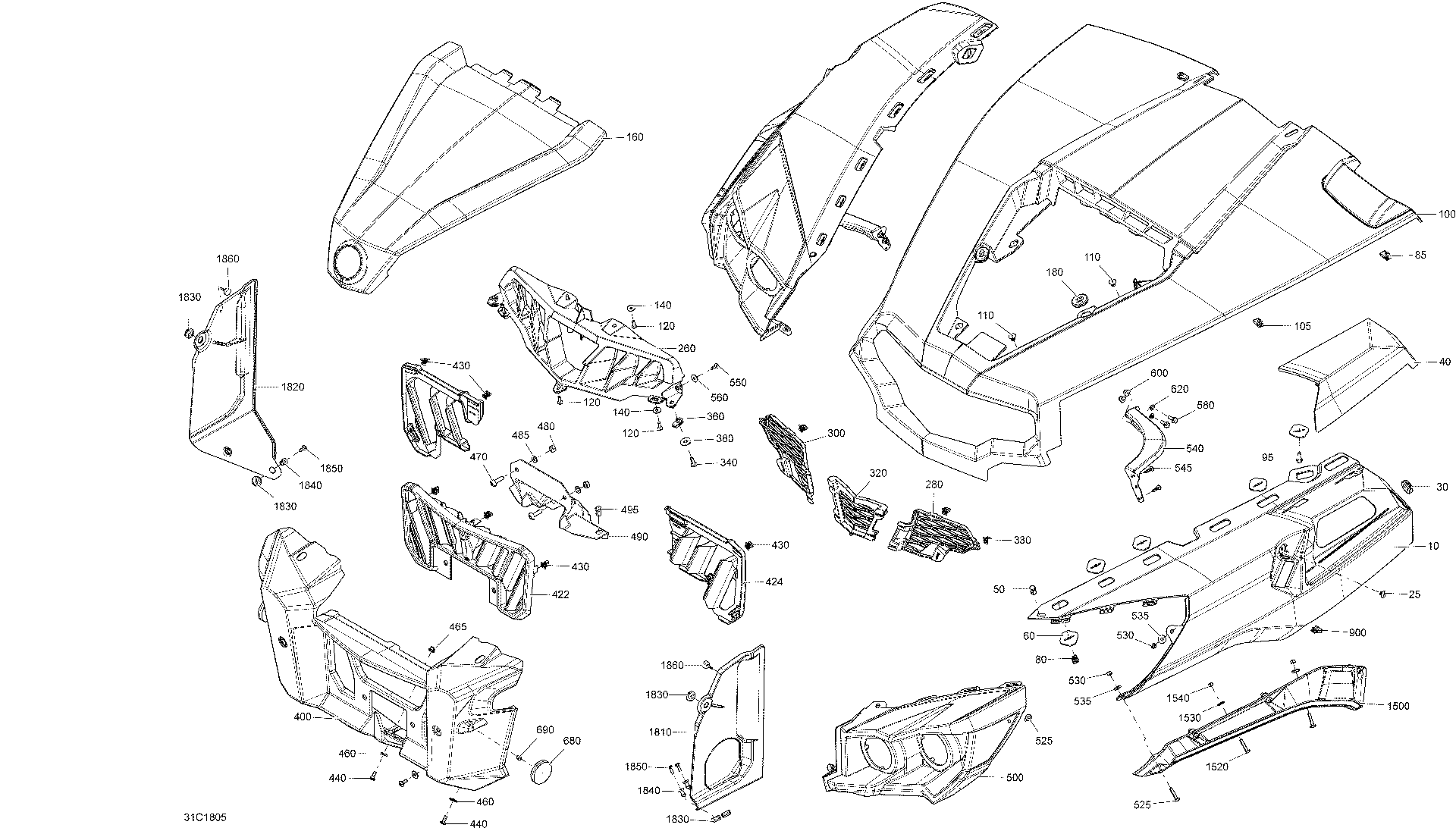 An Image of a Genuine Can-Am Parts Schematic Diagram showing the schematic - BODY AND ACCESSORIES COMMANDER MAX - FRONT MIDNIGHT BLUE MODELS