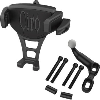 The Phone Holder Constrictor Black Offset Perch Mount by Ciro includes a ball mount system, mounting arm, four screws, two spacers, and a rubber-tipped support piece for secure grip, all shown on a white background.