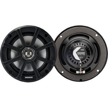 Two black round 6 1/2" Speakers 4 Ohms by Kicker are shown; one shows the front with a grille and Kicker logo, the other shows the back with wiring terminals. These weatherproof speakers provide clear sound and durability.