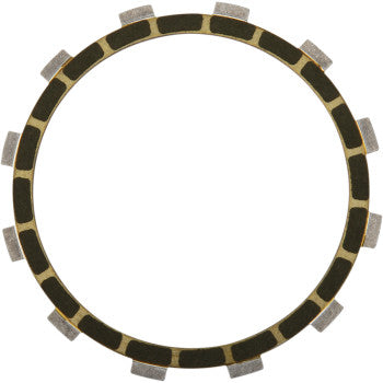 The Clutch Friction Plate by Barnett is circular with alternating metallic and aramid friction segments on the edge, evenly spaced rectangular tabs around the perimeter, and a hollow center.