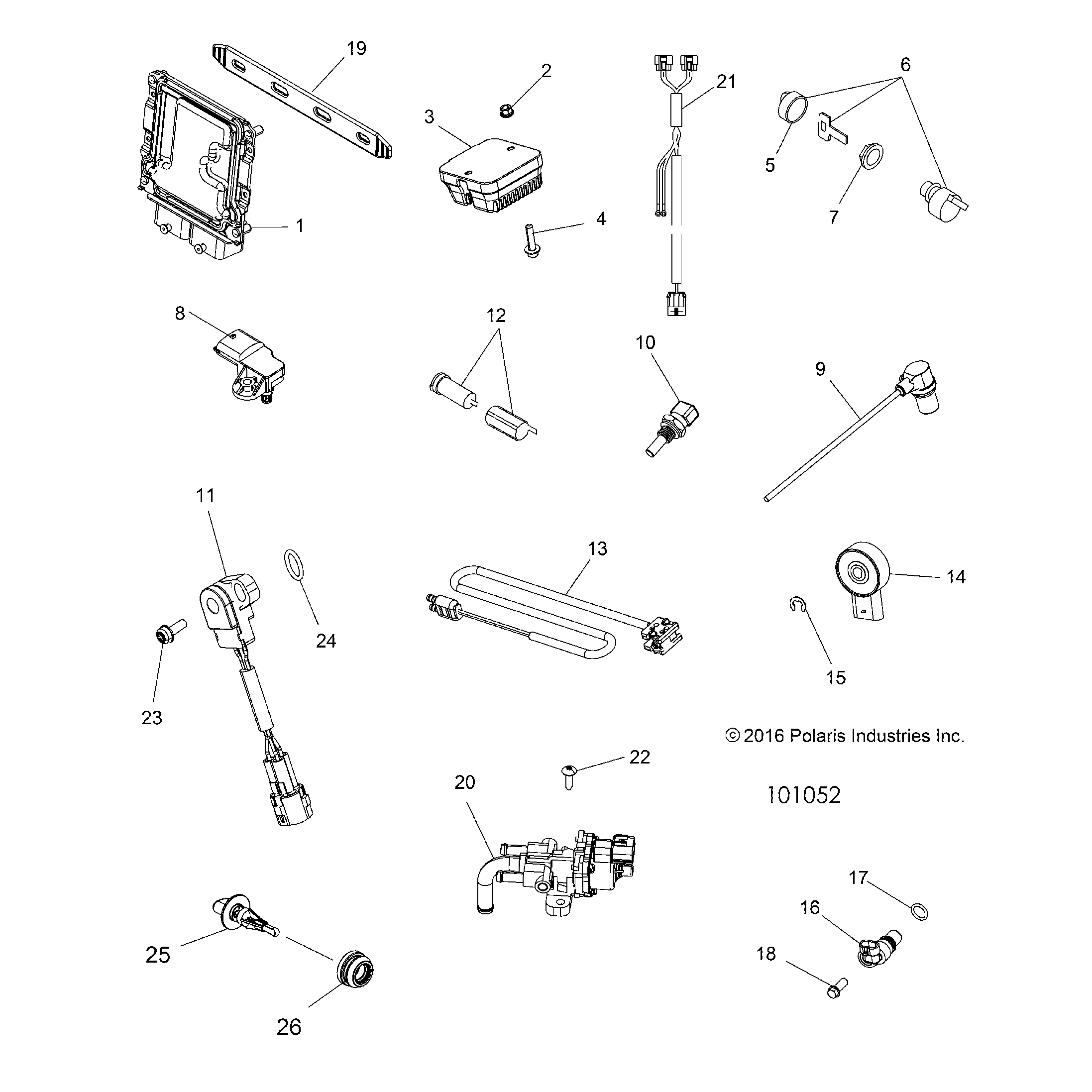 An Image of a Genuine Polaris Parts Schematic Diagram showing the schematic - ELECTRICAL: SWITCHES SENSORS ECU and CONTROL MODULES - 2017 POLARIS SCRAMBLER 850