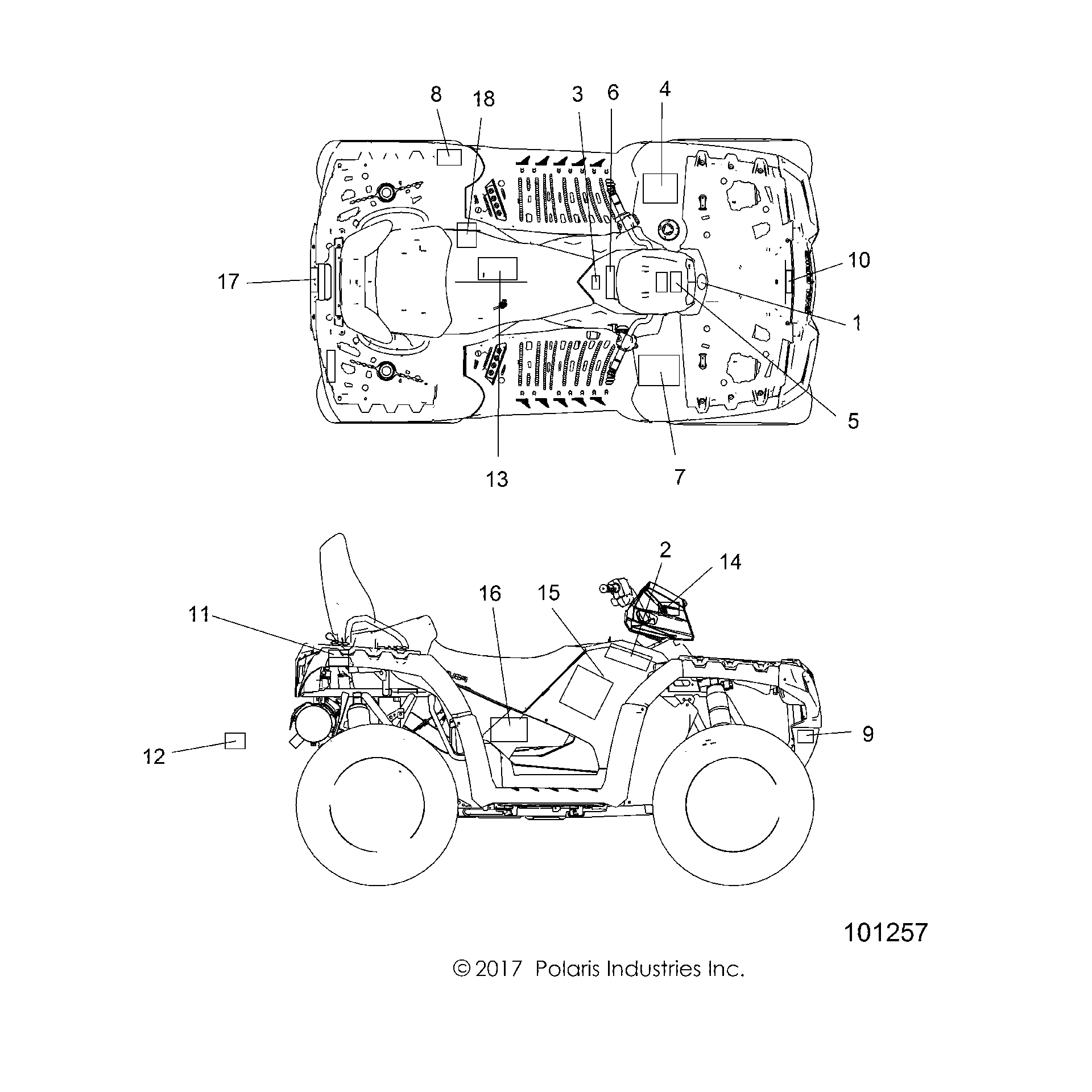An Image of a Genuine Polaris Parts Schematic Diagram showing the schematic - BODY: DECALS - 2018 POLARIS SPORTSMAN TOURING 1000