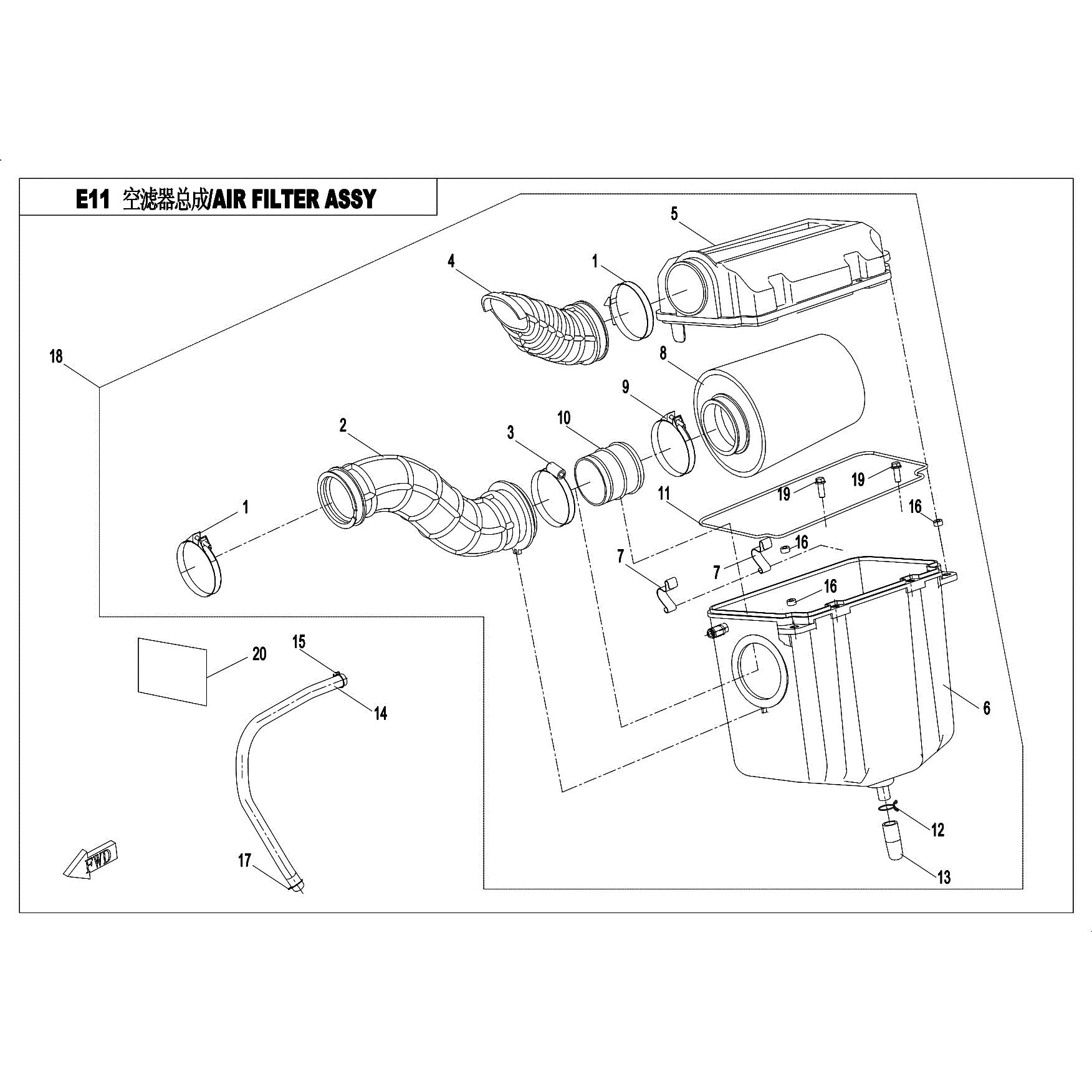 An Image of a genuine CFMOTO Parts Schematic Diagram showing the group - AIR FILTER ASSY - 2017 CFMOTO CFORCE 500 S