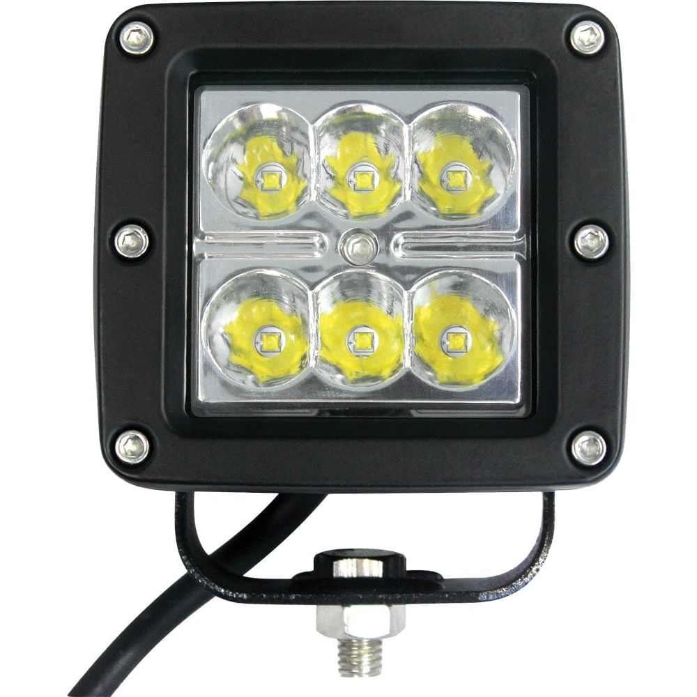 A close-up of the Led Spot Light Set 3 X 3 by Open Trail, showing six round yellow Cree LEDs in a black metal casing with a mounting bracket, visible power cable, and an IP67 waterproof rating.