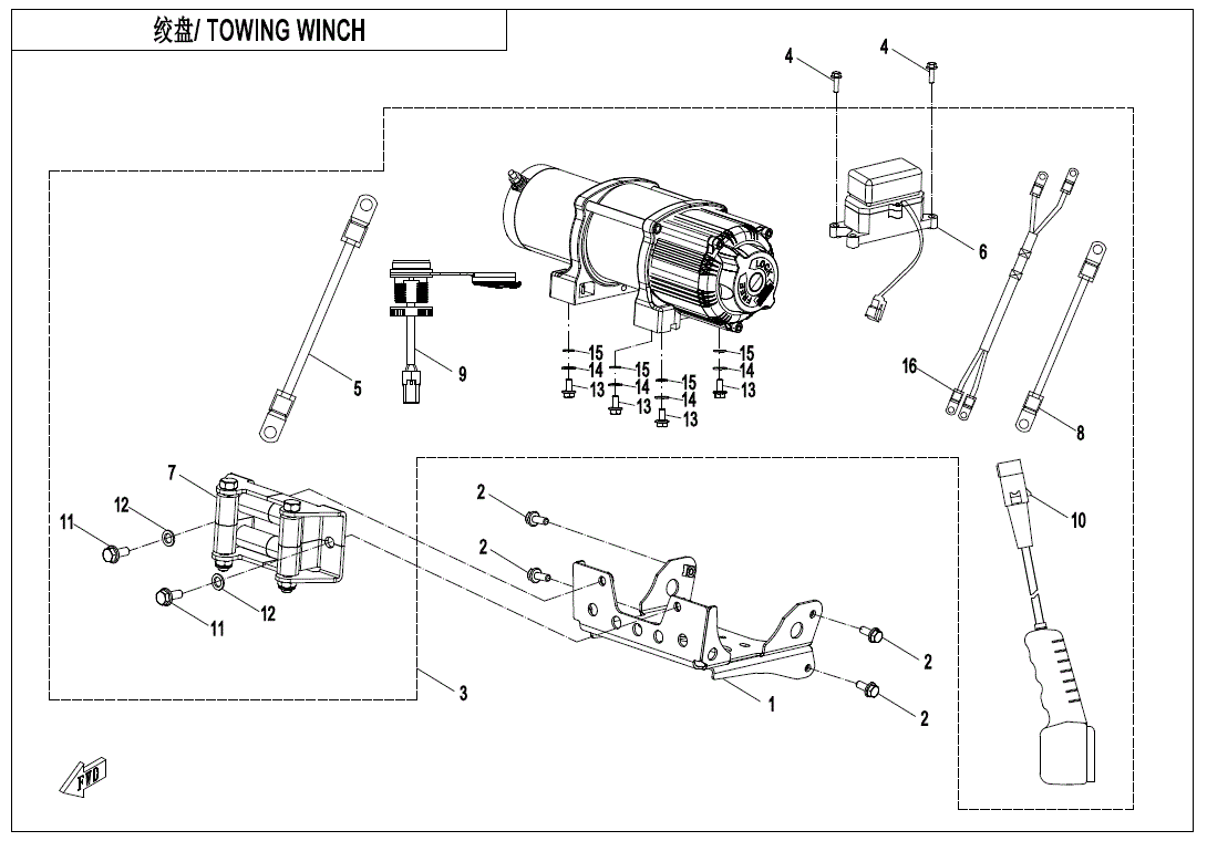 Labeled technical diagram of the Winch Assembly by CF Moto for ATVs, showing numbered parts like motor, cables, mounting bracket, gears, control box, remote control, and connectors. Available at Witchdoctors.com with CF Moto OEM Parts.