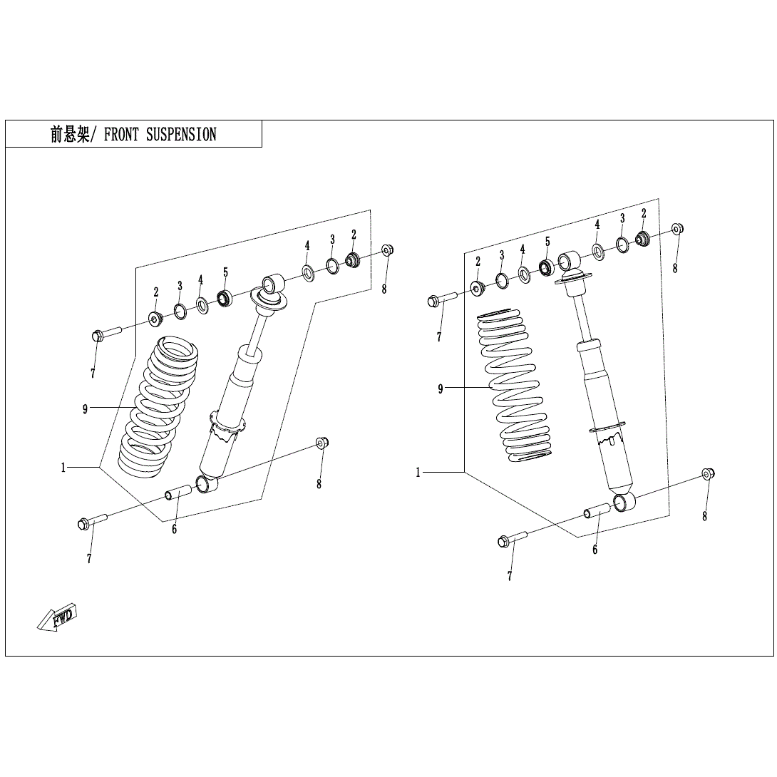 An Image of a Genuine CFMOTO Parts Schematic Diagram showing the schematic - FRONT SHOCK ABSORBER - 2025 CFMOTO ZFORCE 800 Trail