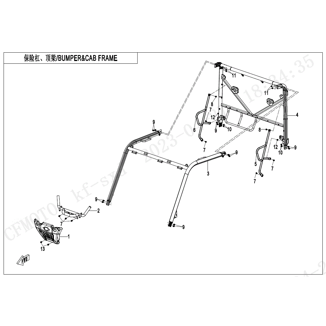 An Image of a Genuine CFMOTO Parts Schematic Diagram showing the schematic - BUMPER & CAB FRAME - 2025 CFMOTO UFORCE 600
