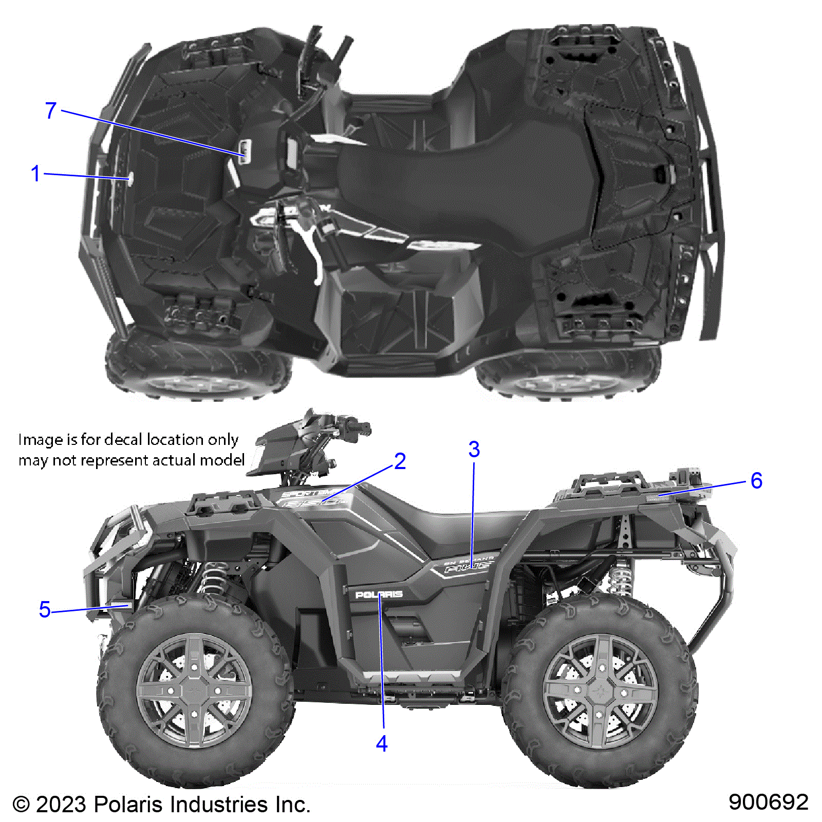 An Image of a Genuine Polaris Parts Schematic Diagram showing the schematic - BODY: DECALS GRAPHIC - 2024 POLARIS SPORTSMAN 850 48" ULTIMATE TRAIL