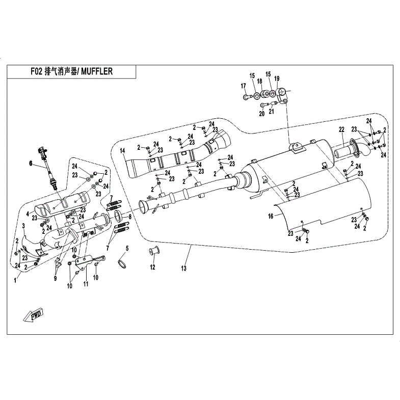 An Image of a genuine CFMOTO Parts Schematic Diagram showing the group - MUFFLER - 2018 CFMOTO CFORCE 400