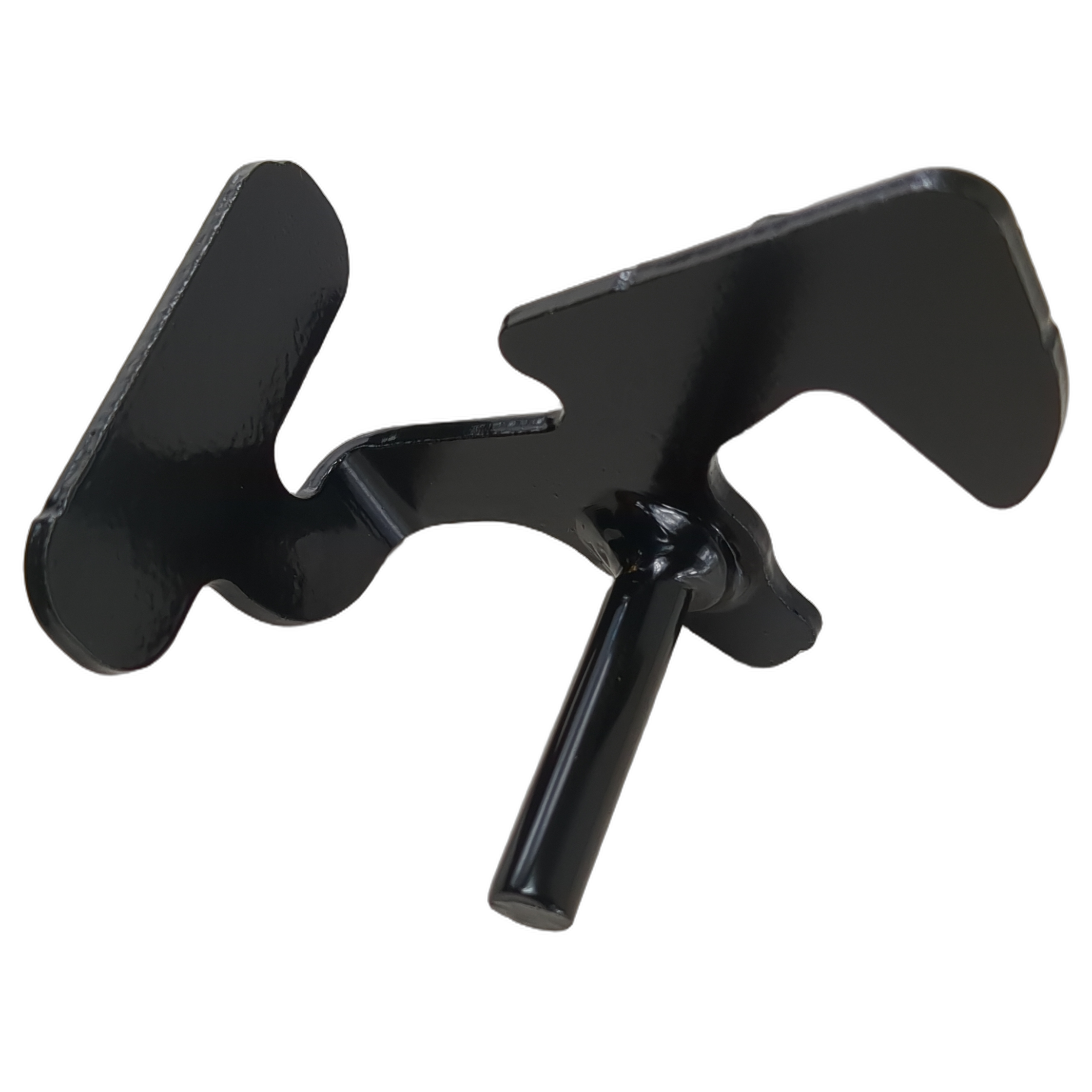 Black metal hook with angled, contoured design and cylindrical stem attachment point.
