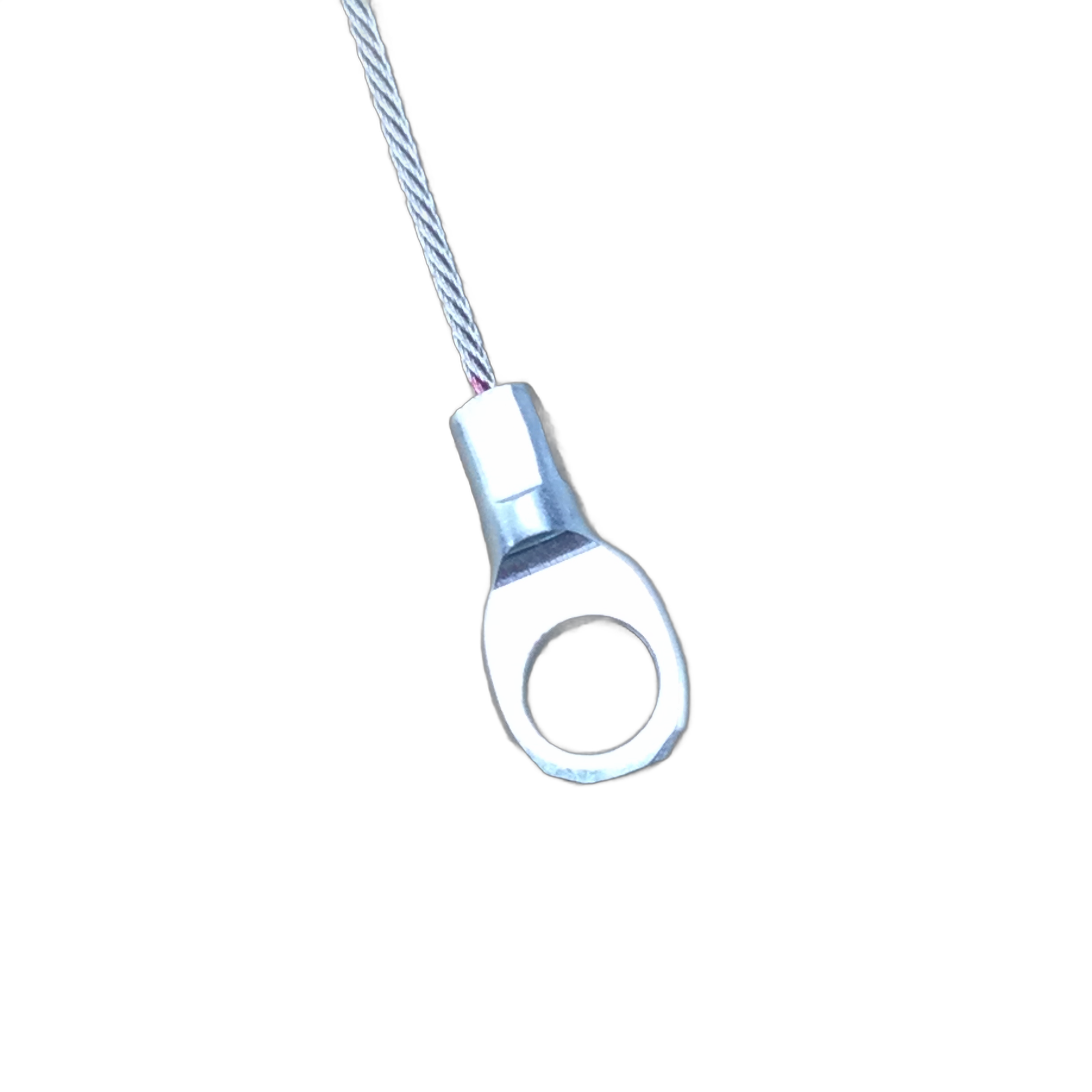 A close-up of the Hook-Assembly, Tail Gate by Kawasaki shows its metal wire with a ring terminal connector against a white background—perfect for Kawasaki UTV parts or Off Road accessories.
