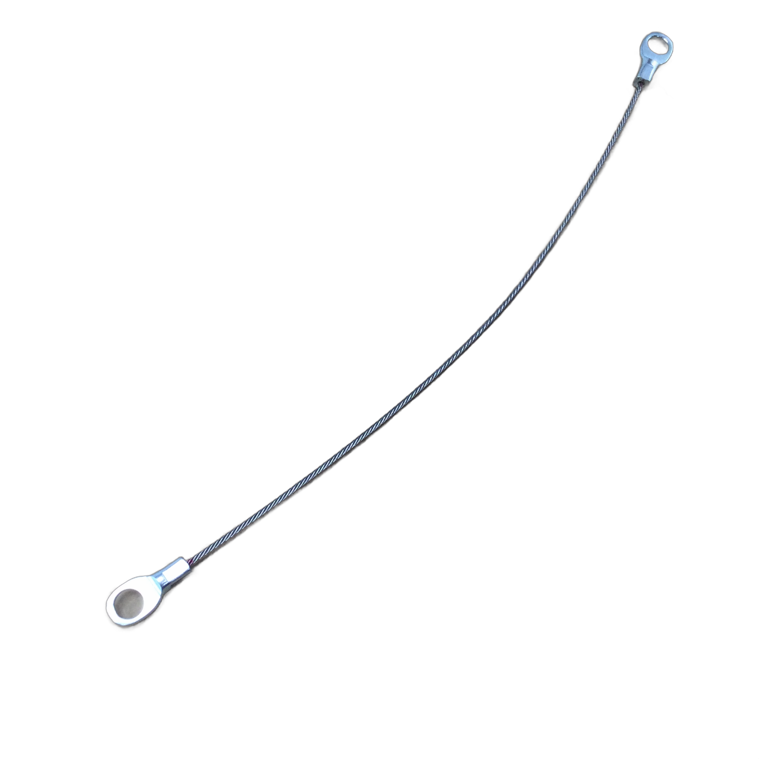 The Hook-Assembly, Tail Gate by Kawasaki is a thin, flexible metal cable with two looped connectors—one larger than the other—designed as an OEM part for Kawasaki UTVs and pictured against a white background.