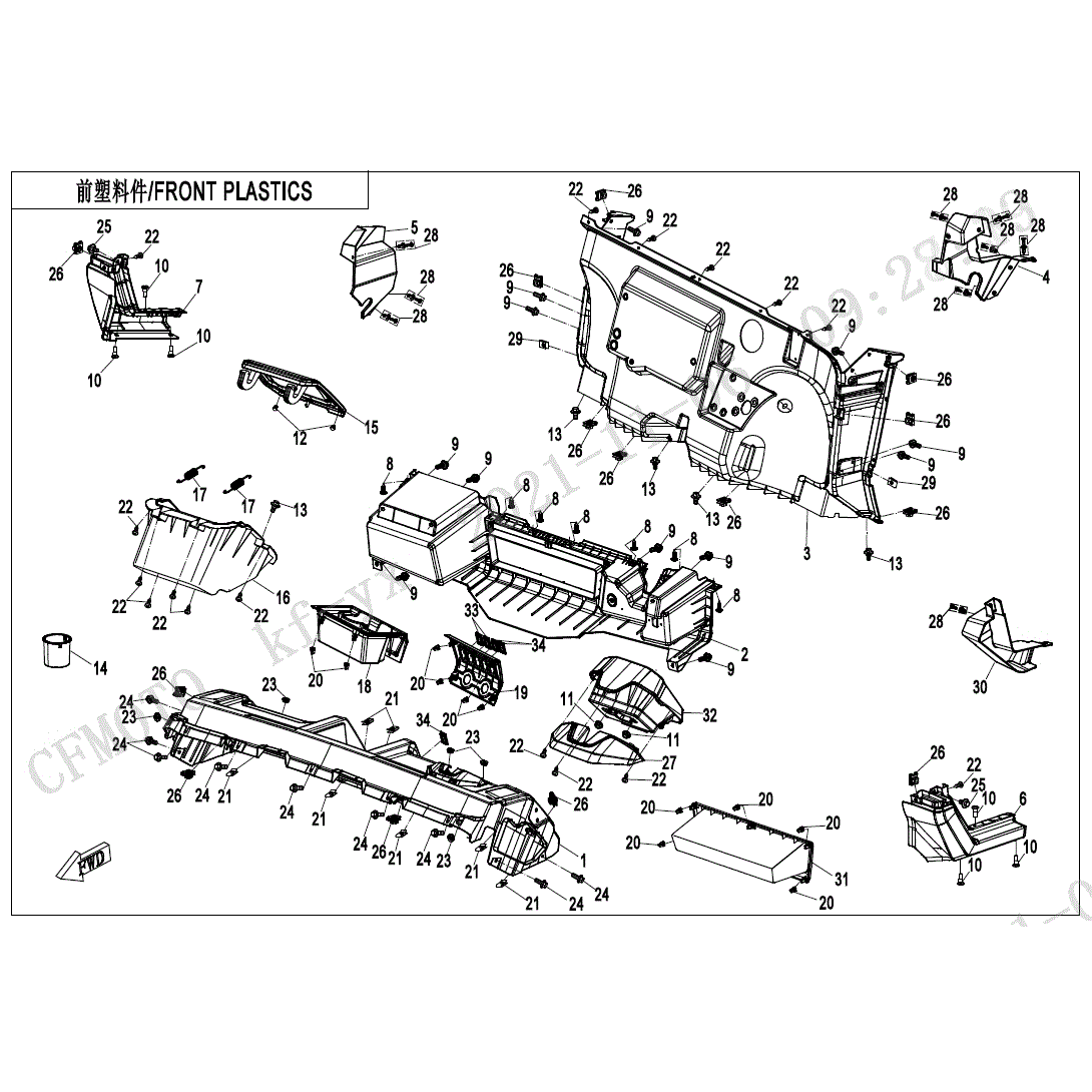 An Image of a Genuine CFMOTO Parts Schematic Diagram showing the schematic - FRONT PLASTICS(2) - 2023 CFMOTO UFORCE 1000 XL