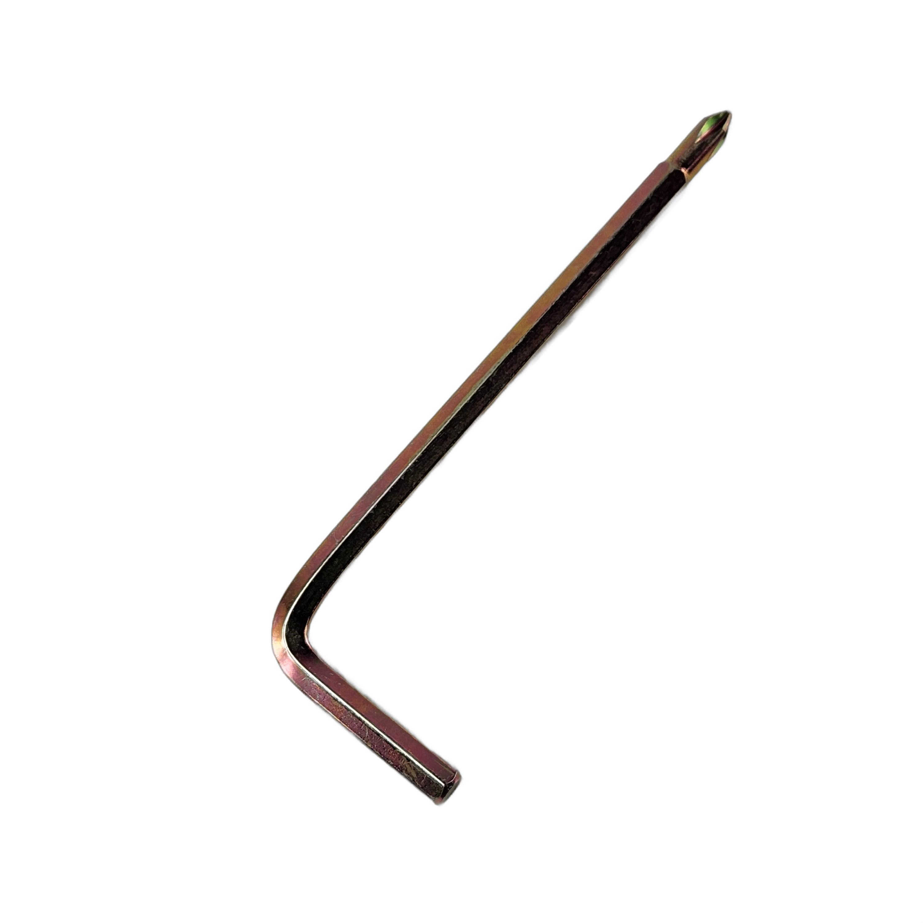 The Wrench by Polaris is a metal L-shaped tool featuring a Phillips screwdriver tip on the long end and a hex key on the short end, ideal for OEM Victory Polaris motorcycle parts, shown isolated on a white background.