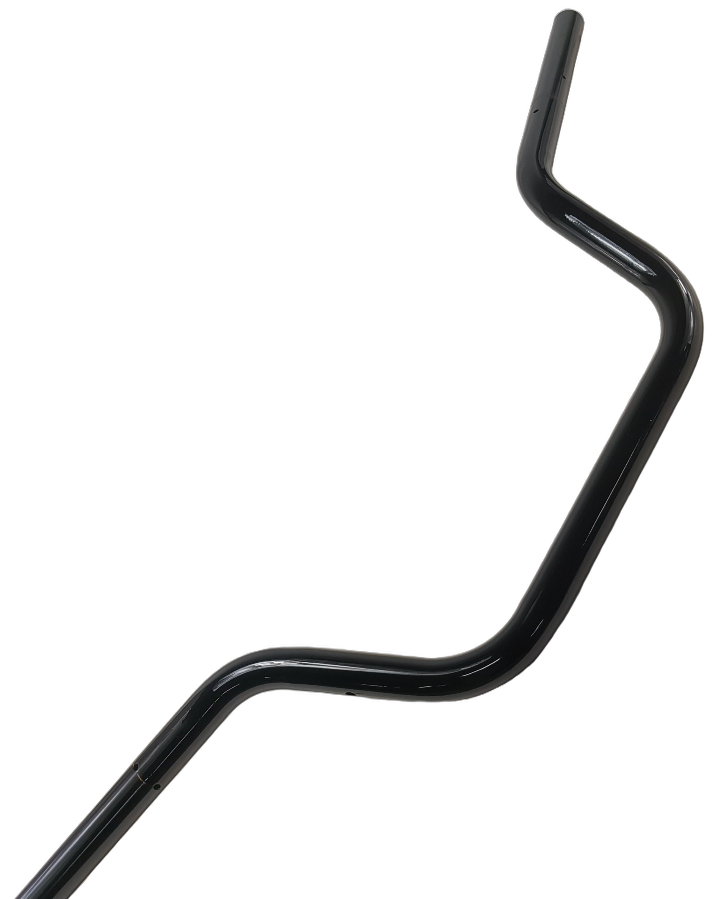 Glossy black metal motorcycle handlebars with a unique angular, ergonomic design.