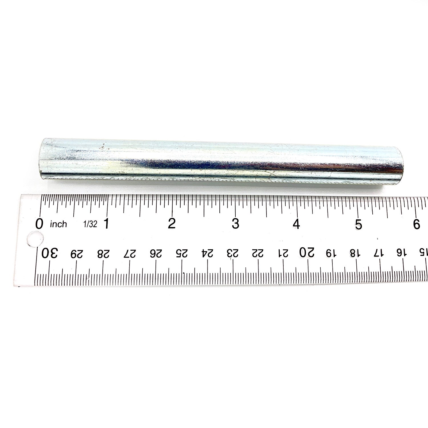 Silver metal cylindrical pivot tube approximately 3.5 inches long next to clear ruler with black markings.