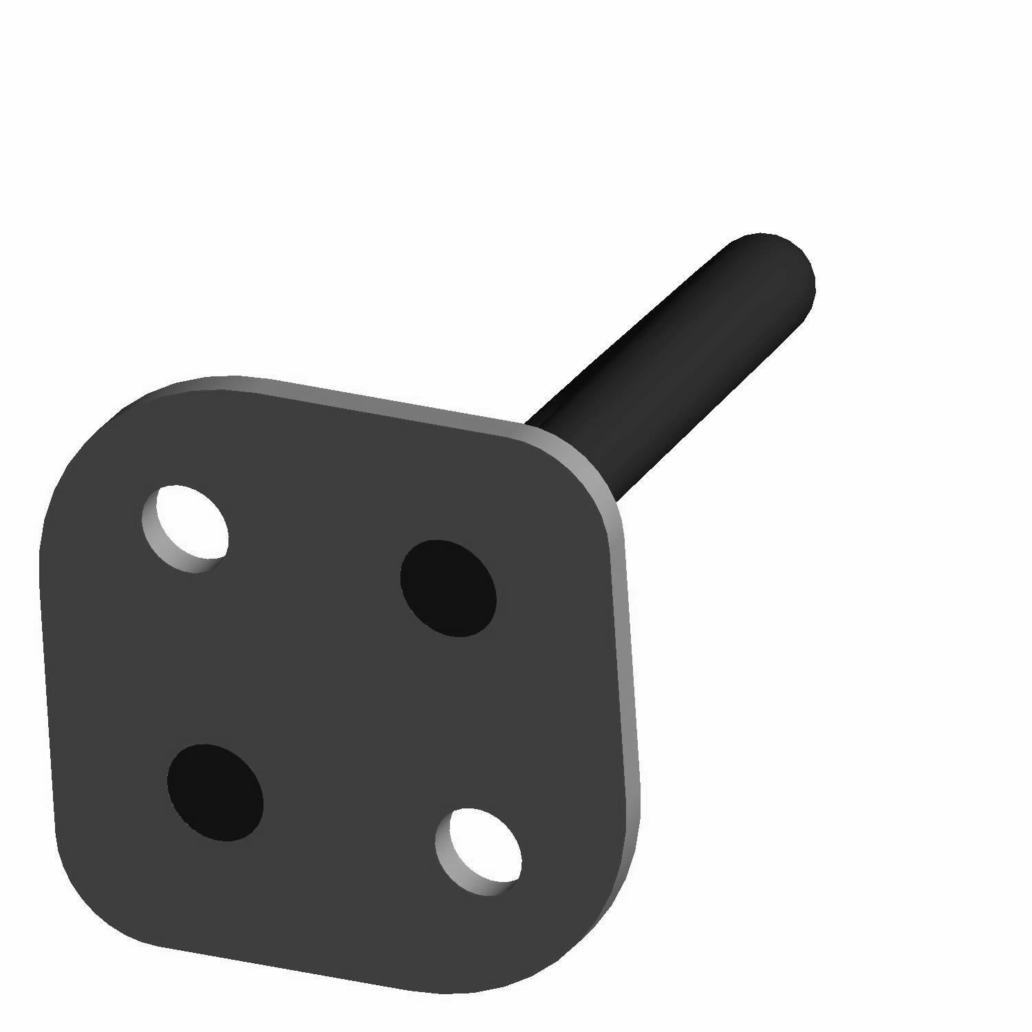 A 3D-rendered image of the Trunk Latch Hoop by Polaris, a black, square flange with three evenly spaced round holes and a rear cylindrical rod, ideal for Indian motorcycle parts assemblies.