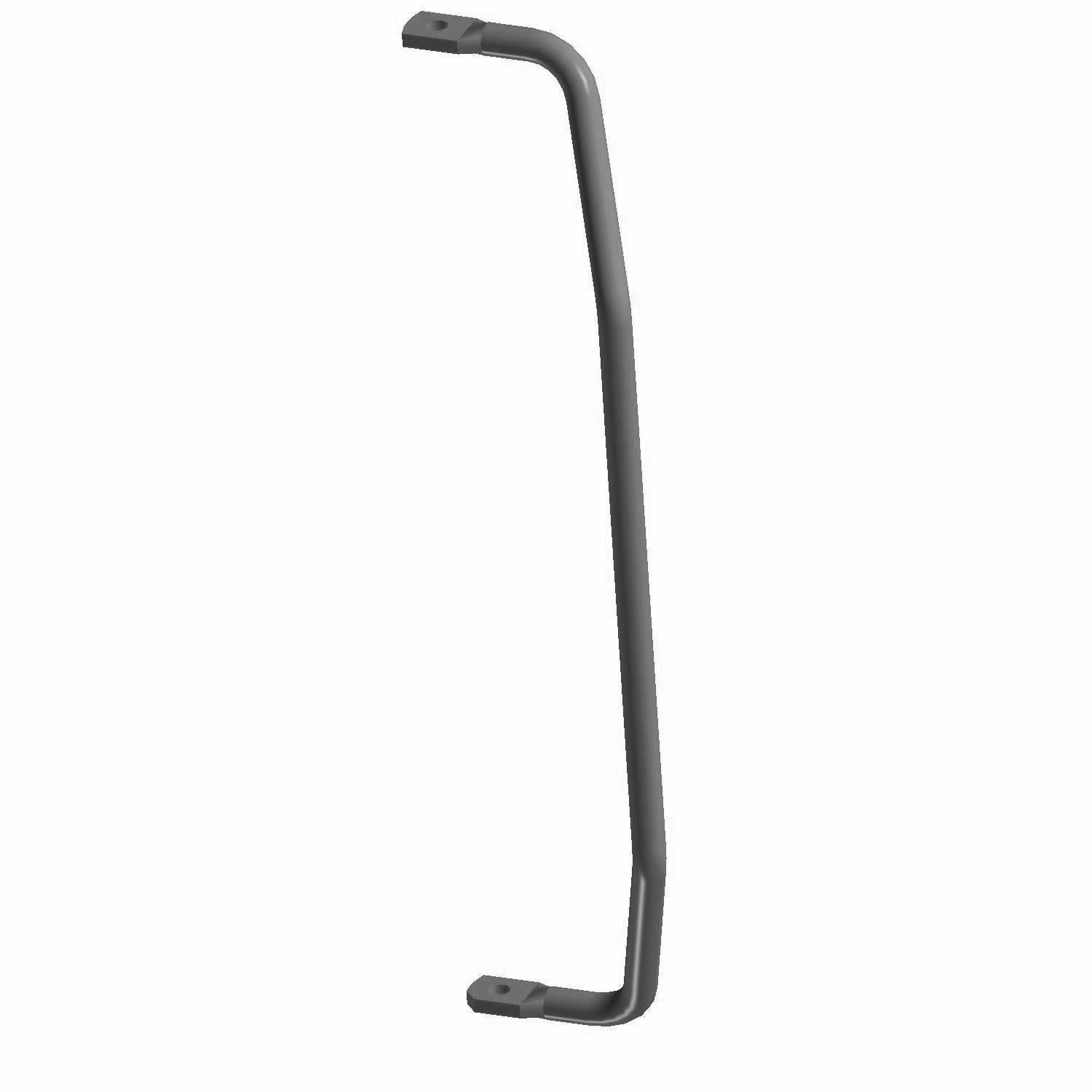 Matte black metal stabilizer bar with angled mounting brackets for front suspension.
