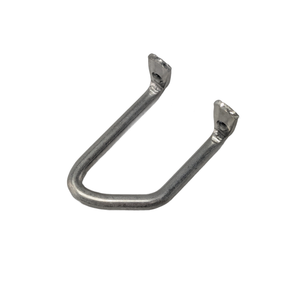 Metal U-shaped saddlebag latch striker hoop with mounting tabs, left side, polished finish.