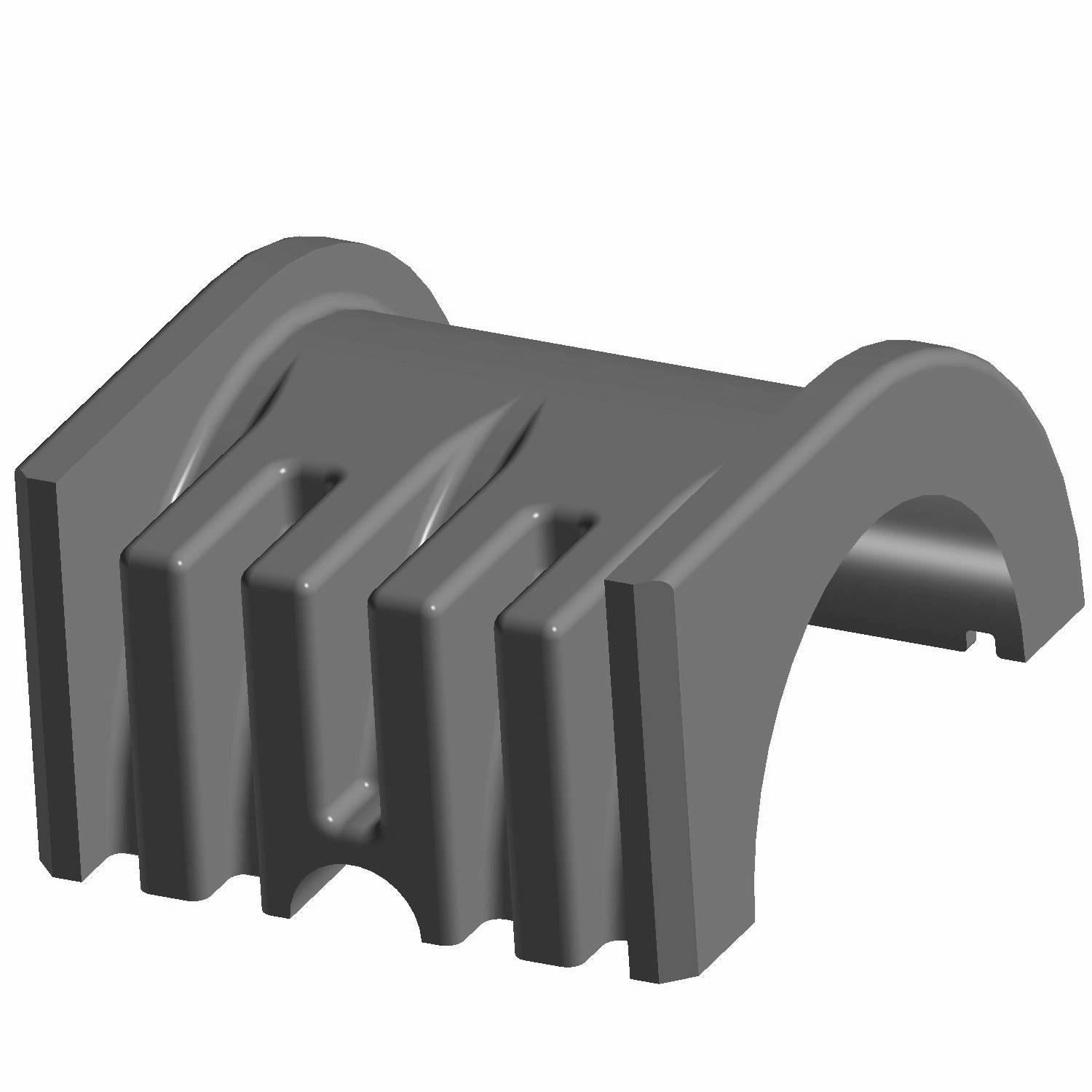 Black rubber stabilizer bar bushing with ridged exterior and semi-cylindrical inner groove.