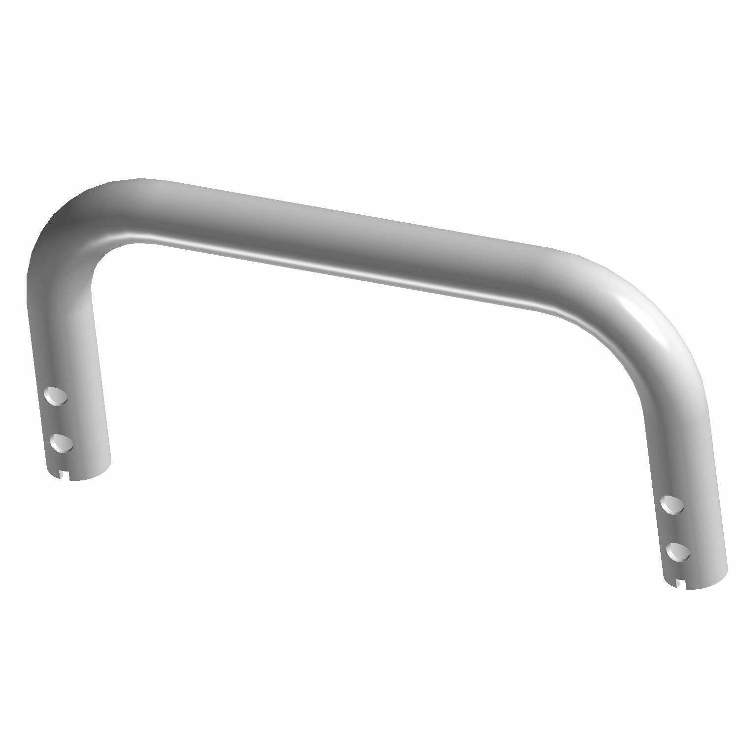 Black metal plow tube catch with curved rectangular shape and bolt holes on both ends.