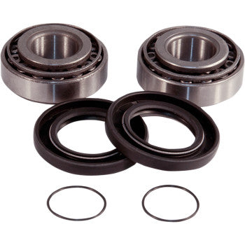 The Swingarm Repair Kit by Epi includes two OEM-quality tapered roller bearings, two black rubber seals, and two thin circular rings—ideal for replacement applications.