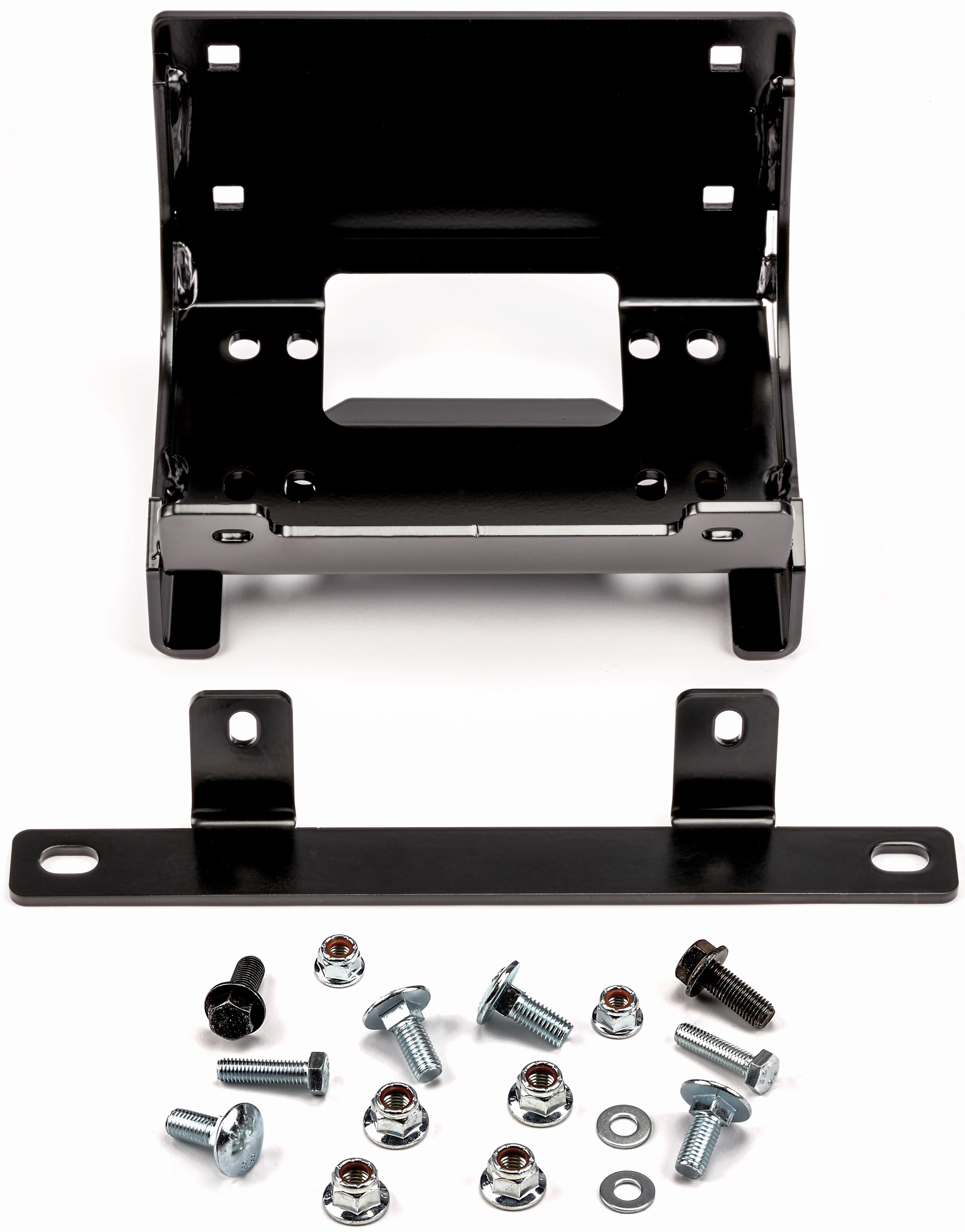 The Kawasaki Teryx 800, Teryx KRX 1000 Winch Mounting Kit by Warn features a black metal mounting bracket, a matching flat bar, and assorted screws, bolts, washers, and nuts—all neatly displayed on a white background.