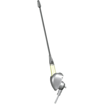 The Universal 6" Antenna by Jensen features a silver shaft, black tip, extended design, and watertight mounting base, shown isolated on a white background.