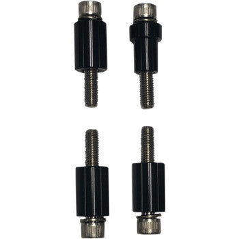 Four Pingel Floorboard Extenders, made of billet aluminum with black finish and threaded ends, are arranged vertically in two rows on a white background—ideal as floorboard spreaders.