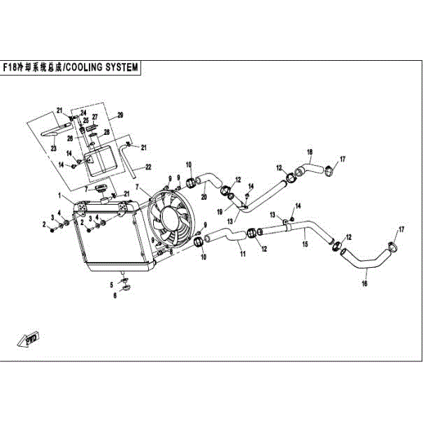 An Image of a genuine CFMOTO Parts Schematic Diagram showing the group - COOLING SYSTEM - 2016 CFMOTO CFORCE 400