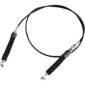 Black flexible UTV shifter cable with metal connectors and coiled protective sleeves on both ends.