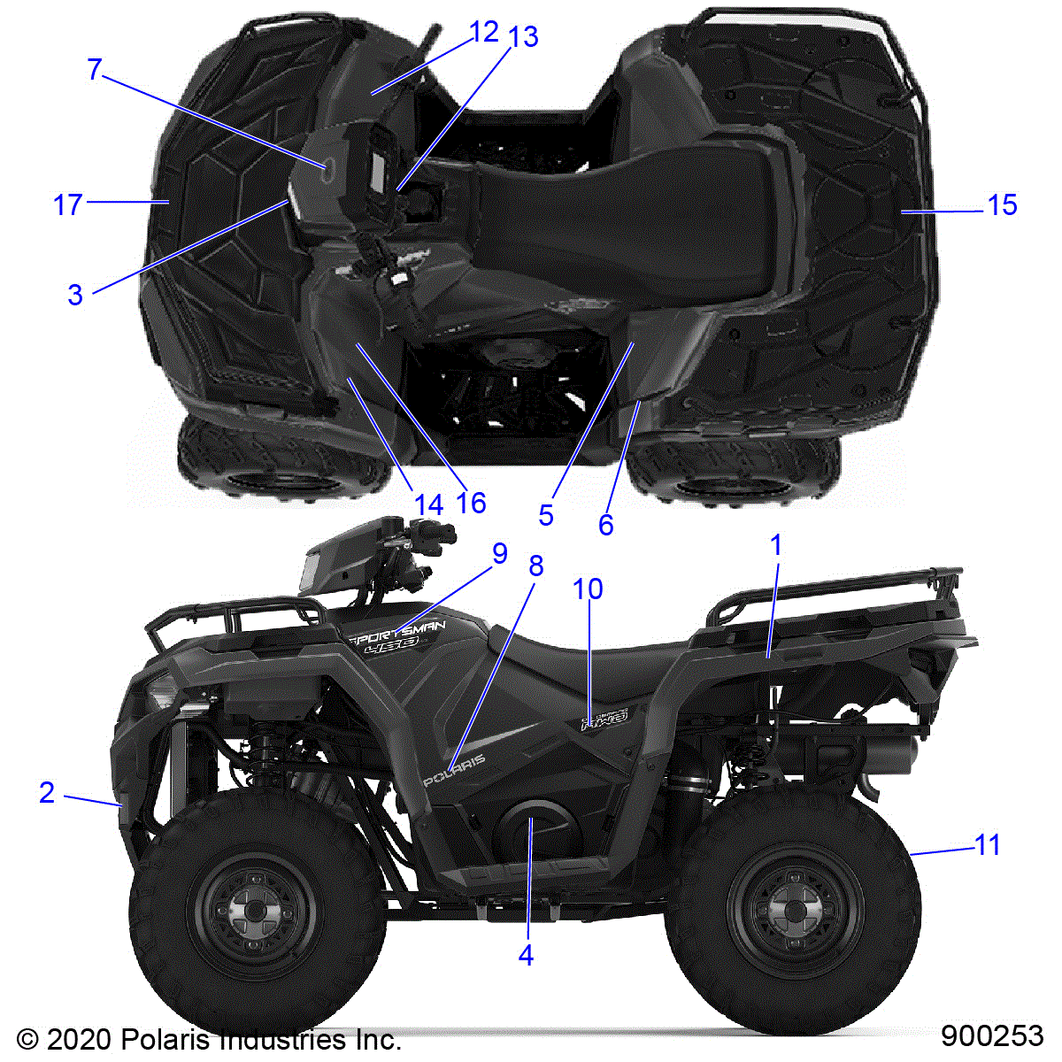 An Image of a Genuine Polaris Parts Schematic Diagram showing the schematic - BODY: DECALS - 2021 POLARIS SPORTSMAN 450 HO EPS